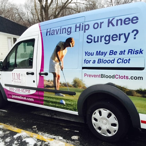 A vehicle wrapping on a fan featuring a picture of a woman playing golf and the words "Having Hip or Knee Surgery? You May Be at Risk for a Blood Clot. PreventBloodClots.com."