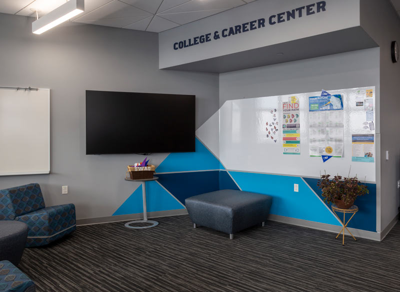 A college & career center corner with gray, blue, and white branding.