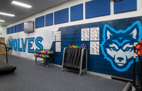 A mascot wall in a gym.
