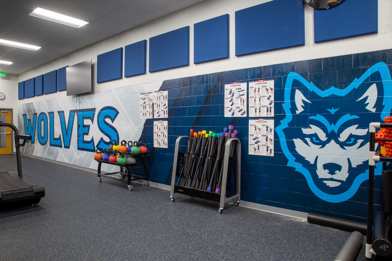 A mascot wall in a gym.
