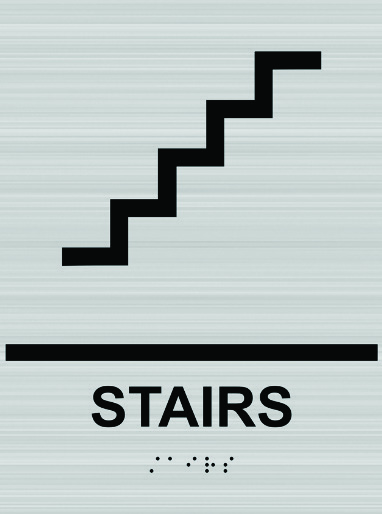 An example of Amplify's signage for stairs. It features a stair logo, the words "stairs," and braille.